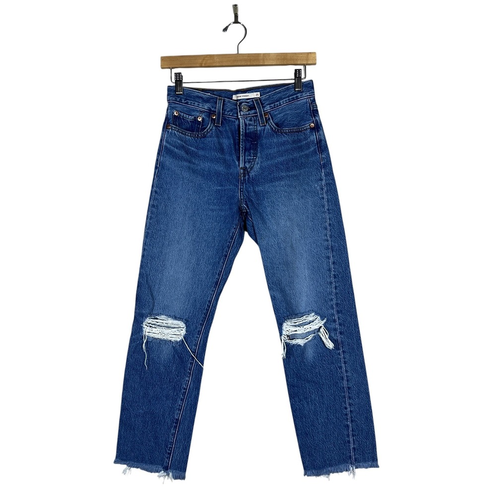 Levis Wedgie Straight Distressed High Rise Jeans Medium Wash Blue Size 25